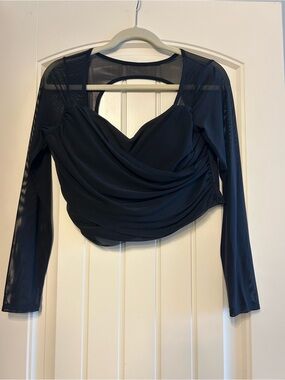 NWT Black Sheer Long-Sleeve Draped Black Crop Top
